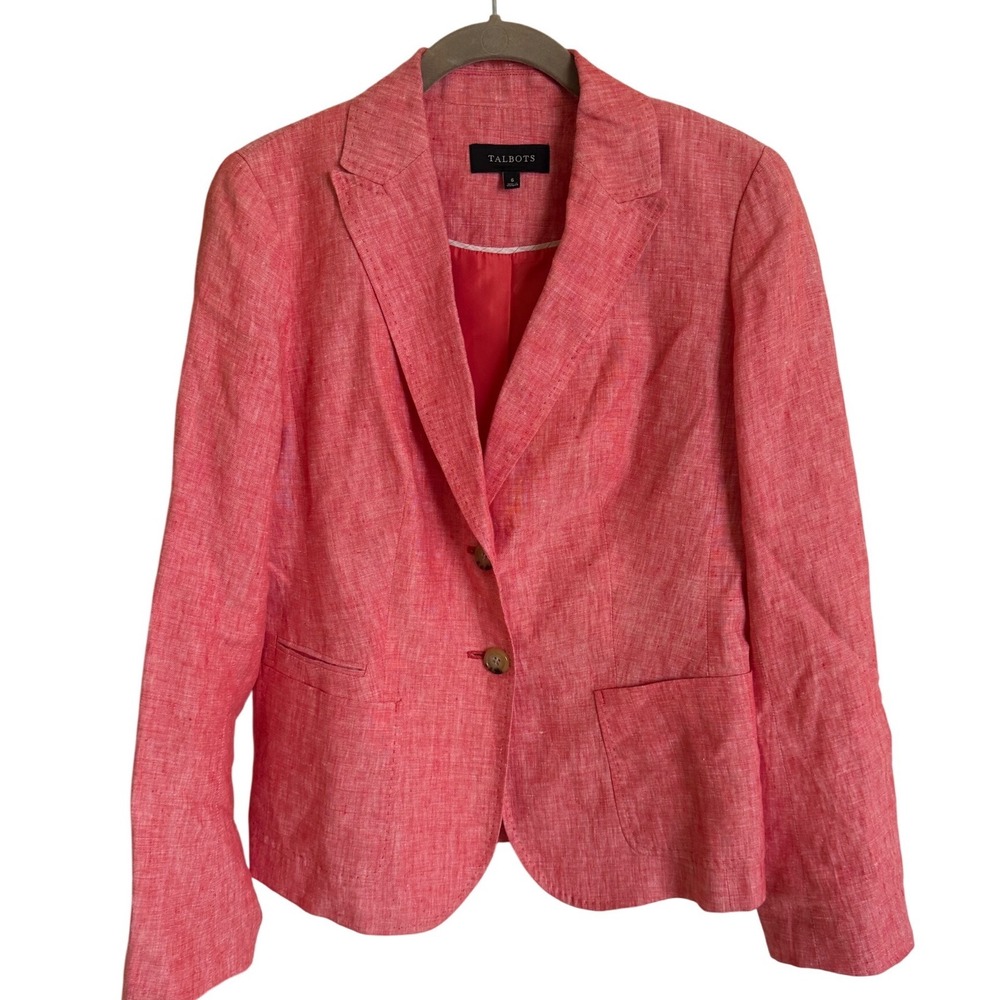 Talbots Womens Coral Pink Linen Two Button Blazer Jacket Size 6 Pockets‎ Lined